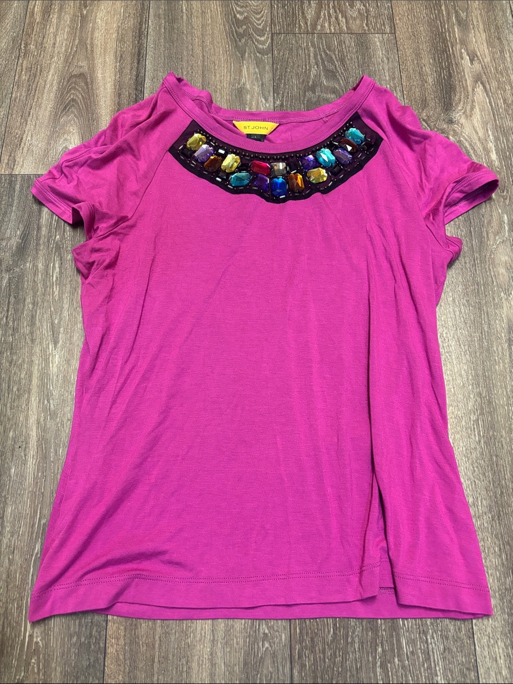 St. John Fuchsia Short Sleeve Top with Jeweled Neckline